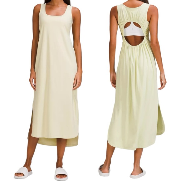 lululemon athletica Dresses & Skirts - Lululemon Pima Cotton Open-Back Midi Dress Dewy Pale Green Yellow Women’s Sz S/M